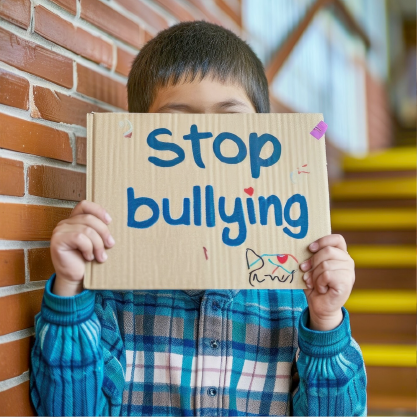 close up of male student holding a cardboard sign that says 'stop bullying'