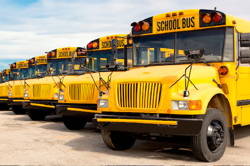 Row of buses parked staggered
