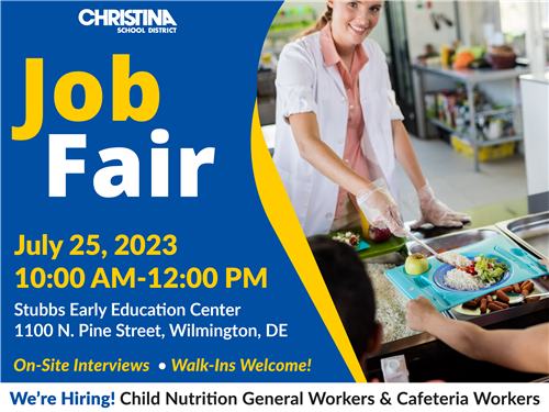 Christina watermark words 'Job Fair We're Hiring! #JoinCSD CNS General & Cafeteria Workers'