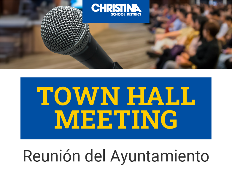  CSD logo. Close-up of microphone with blurred audience. Town Hall Meeting. Reunion del Ayuntamiento