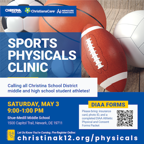 Sports Physicals Clinic - May 3, 2025 - Blue and white graphic with photo of various sports balls