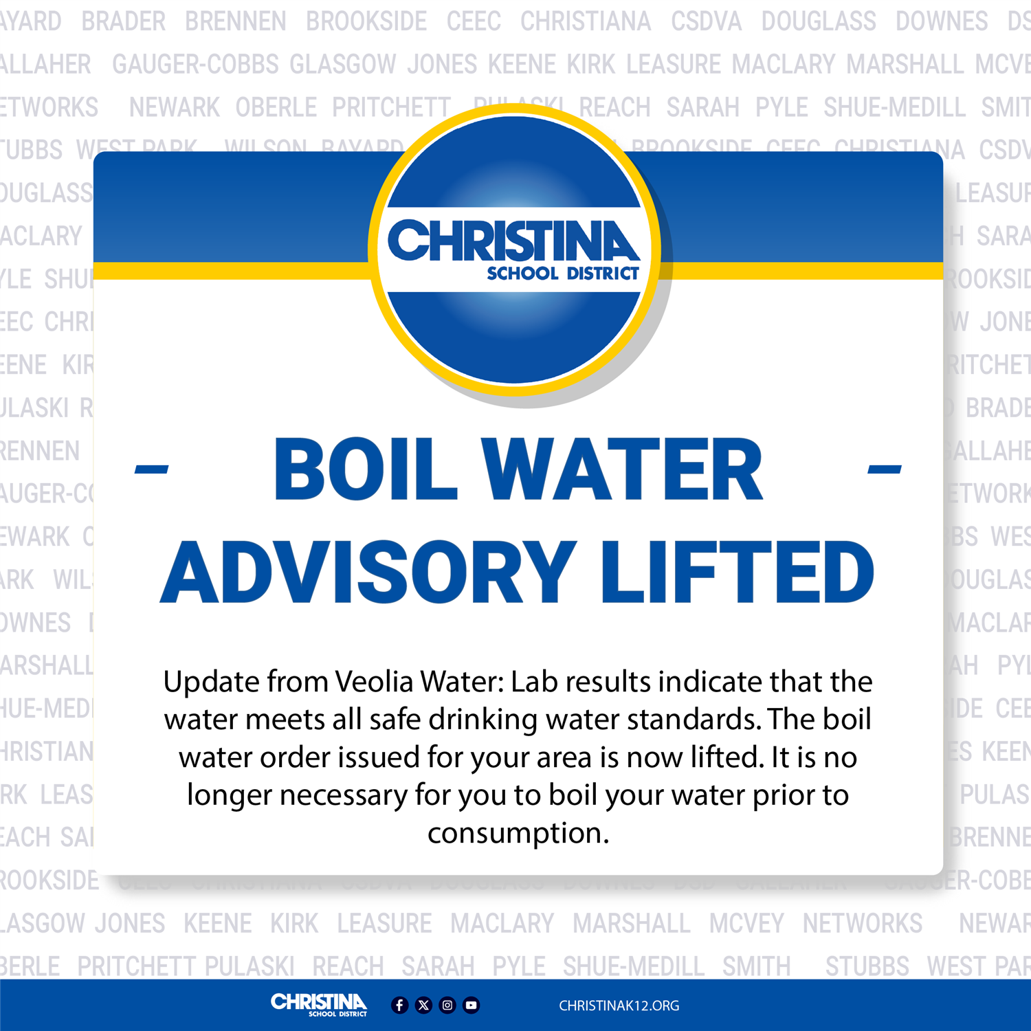 Blue white and yellow graphic with the words "Boil Water Advisory Lifted