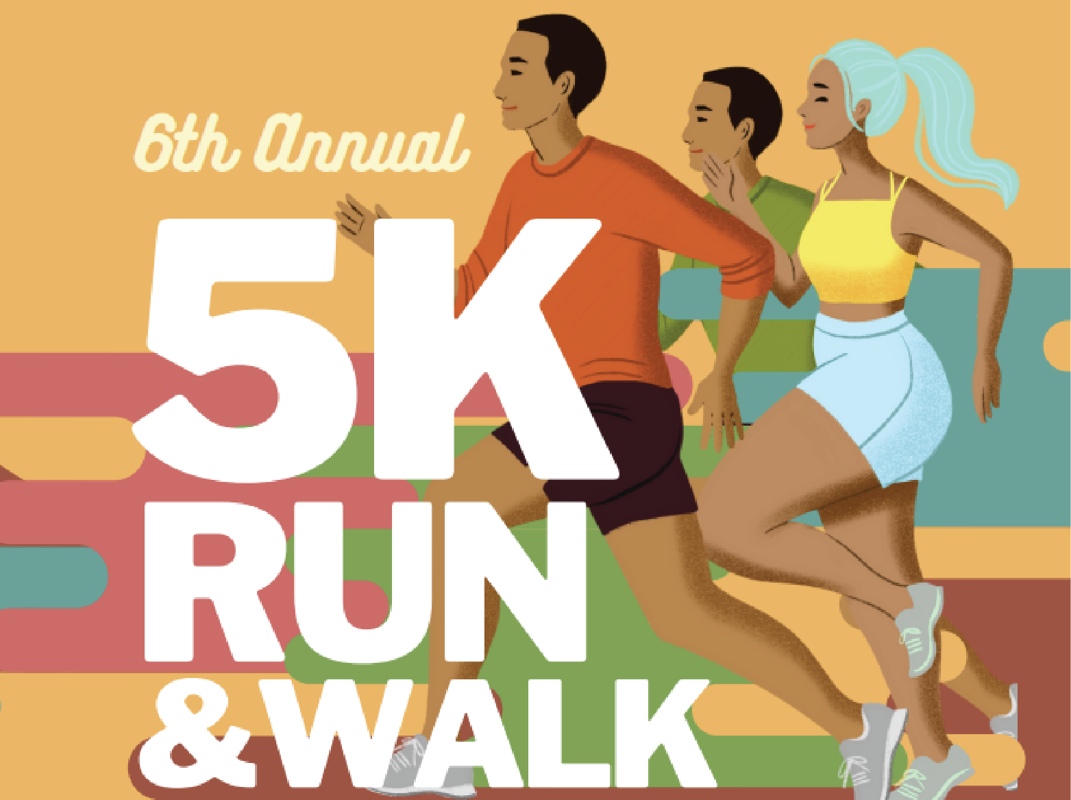  Image 6th Annual 5K Run and Walk. Artistic background of 3 active runners - 2 men and 1 woman.
