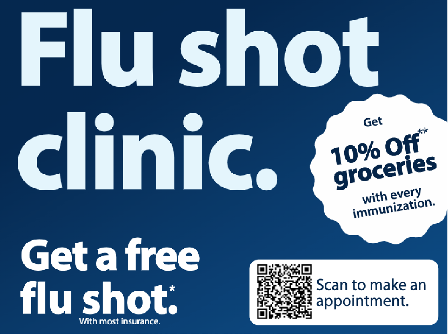   Blue background Flu Shot Clinic. Wed., November 15, 4:30 PM-7:30PM, Kirk Middle School Auditorium.