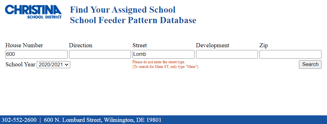 Screenshot of the Christina School District 'Find Your Assigned School Feeder Pattern Database Screenshot of the Christina School District 'Find Your Assigned School Feeder Pattern Database