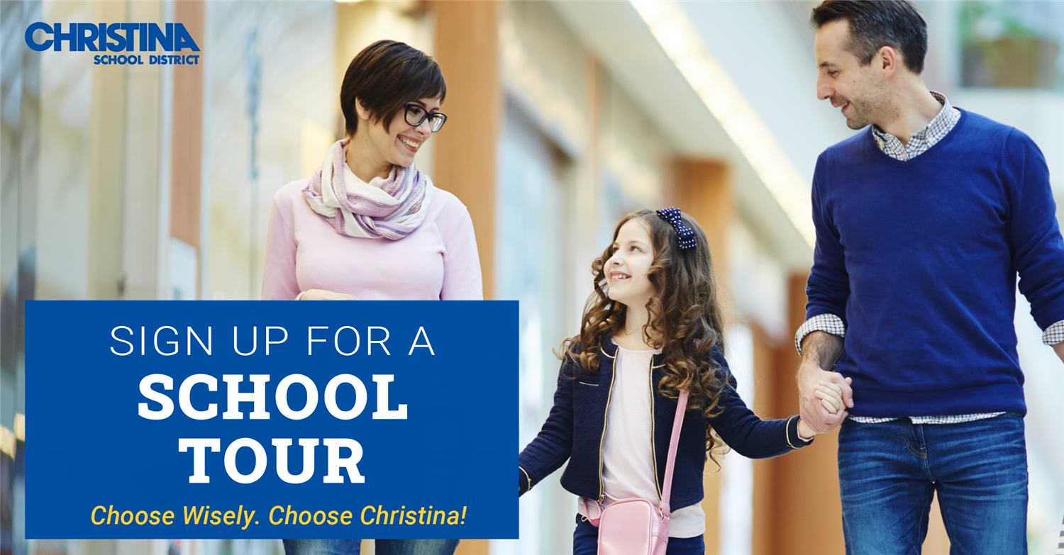 Parents and child happily walking and holding hands - Sign up for a school tour. Choose wisely. Choose Christina. 