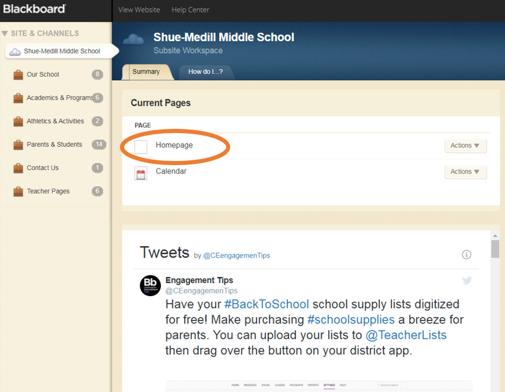 Screenshot of site manager - homepage highlighted 