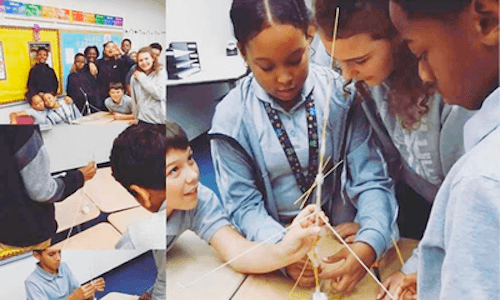 Students building with wooden sticks  