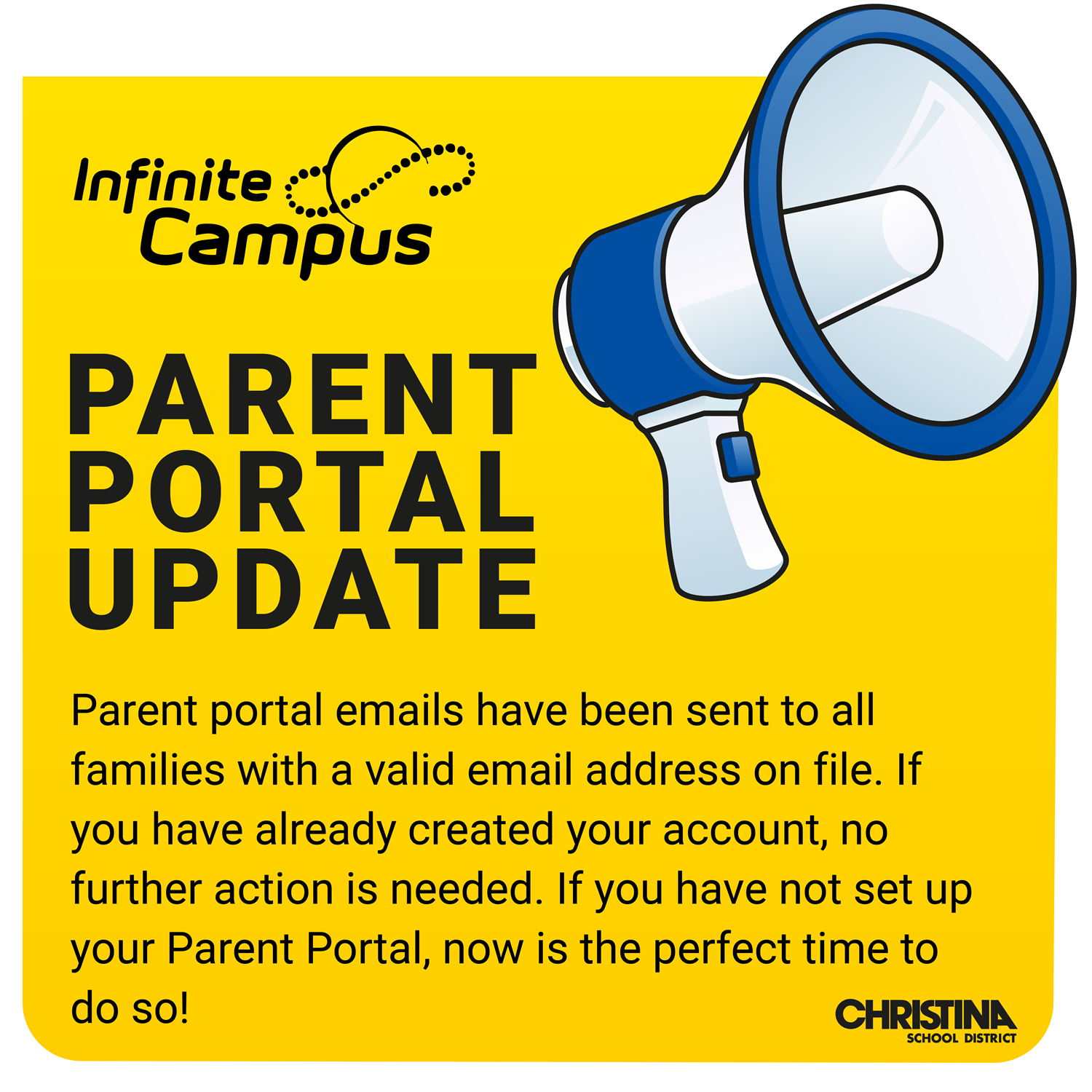yellow graphic with text about Infinite Campus Parent Portal updates includes a white and blue horn