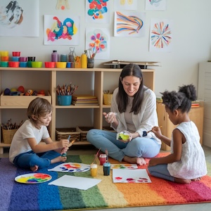  Woman with two children sitting on the floor playing