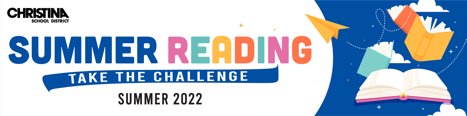 Graphic: Summer Reading - Take the Challenge - Summer 2022. Open books floating on blue background