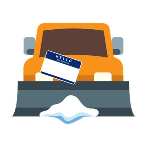  Image of snowplow truck with Hello name tag attached