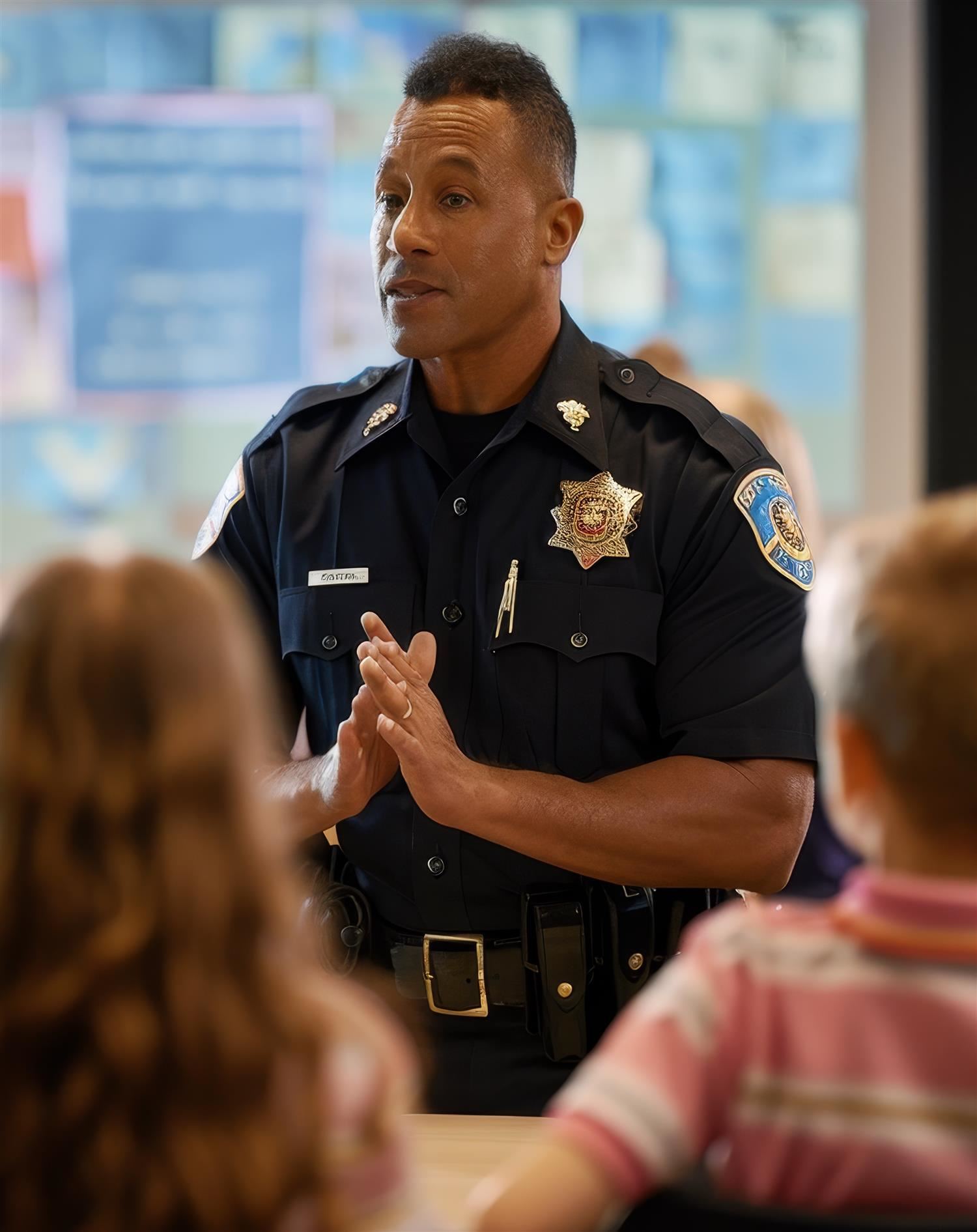 Police officer speaking with elementary aged students