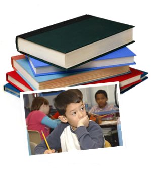Books and a photo of a child in school 