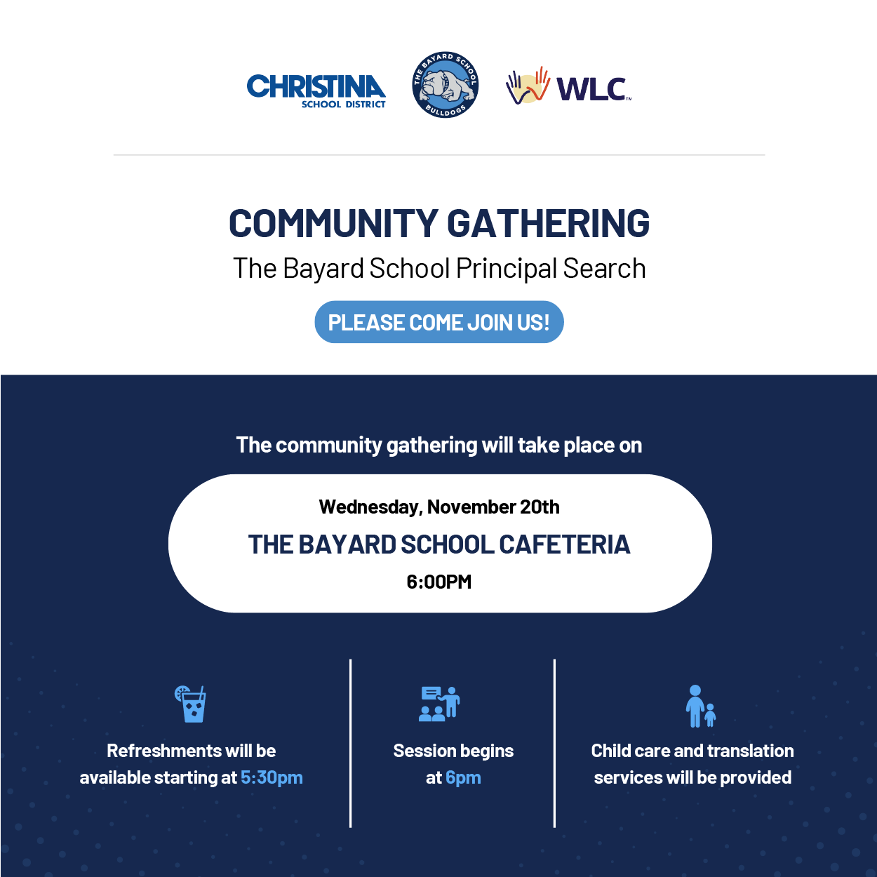 CSD Pritchett WLC logos white, blue background Community Gathering Bayard School Principal Search
