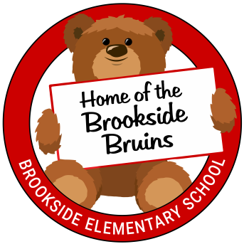 Red circle with white writing Brookside Elementary School centered with bruin holding sign Home of the Brookside Bruins.