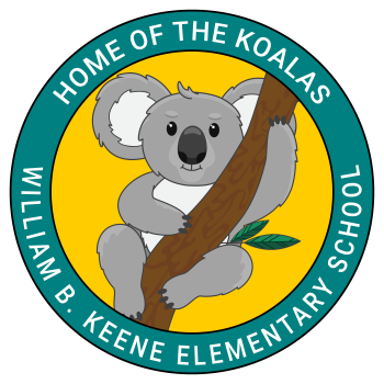 Green circle with white letters William B. Keene Elementary School Home of the Koalas. Yellow background gray koala centered.