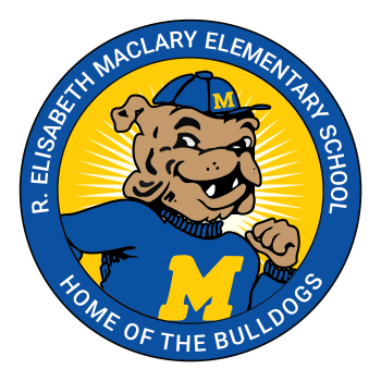 Blue circle, white letters R. Elisabeth Maclary Elementary School Home of the Bulldogs. Fun bulldog centered; emblem shirt.