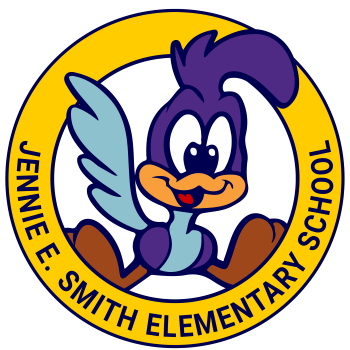 Yellow circle with purple letters Jennie E. Smith Elementary School. Centered funny purple road runner.