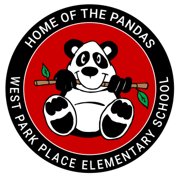 Black circle white letters West Park Place Elementary School Home of the Pandas. White goofy panda centered.