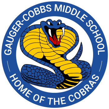 Blue circle with white letters Gauger-Cobbs Middle School Home of the Cobras. Blue & yellow cobra centered, white background.