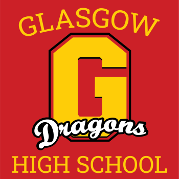Red background with yellow writing GLASGOW HIGH SCHOOL with a G in the middle and white letter Dragons written across the G.