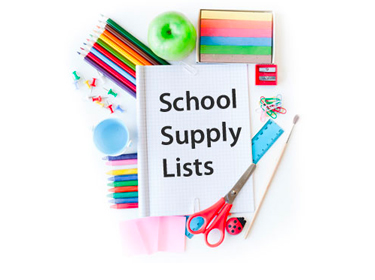 photo collage of school supplies with an open notebook with the phrase ' school supply lists'